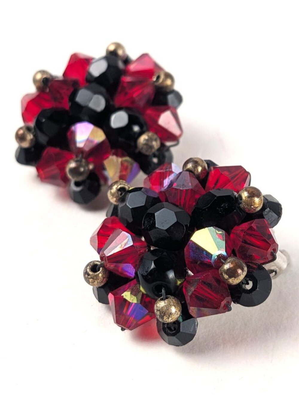 Vintage Black/Red/Silver Beaded Clip-on Earrings